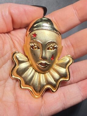 Clown Face Brooch Pierrot Style Gold Tone Tear Drop Star Statement 2.5”